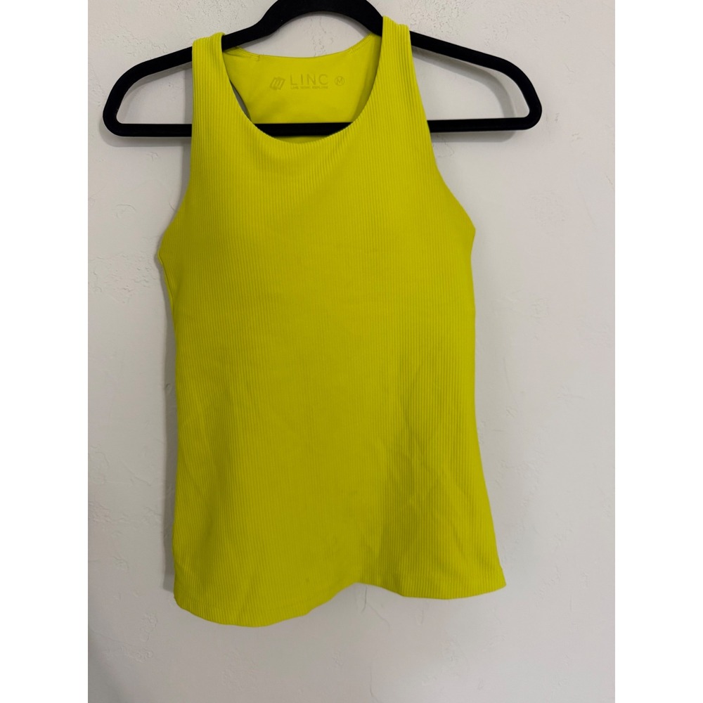 LINC Womens Neon Lime Yellow Ribbed Racerback Active Tank Top Built-In Bra Med
